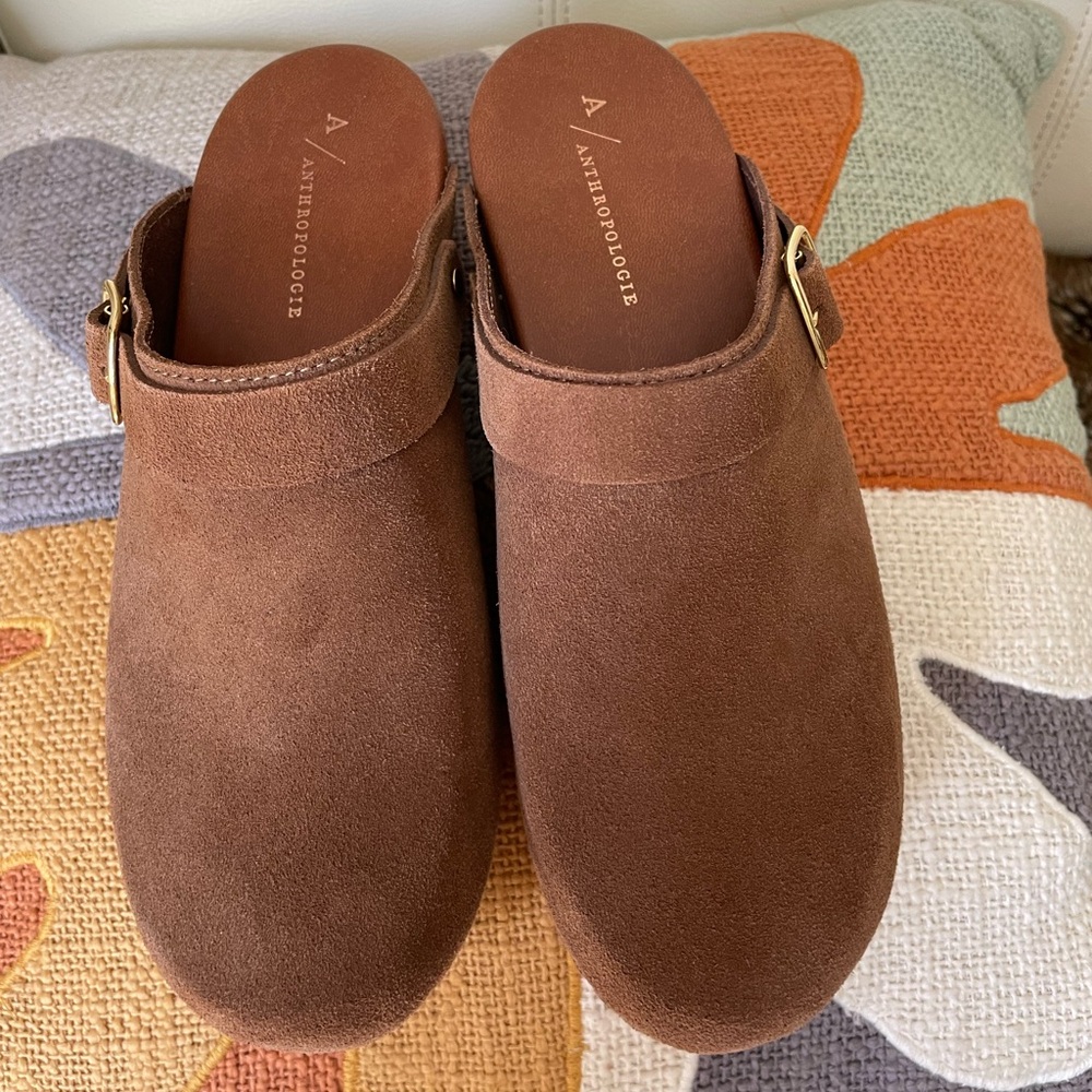 NWOT Anthropologie suede clogs, pristine condition, as pictured.